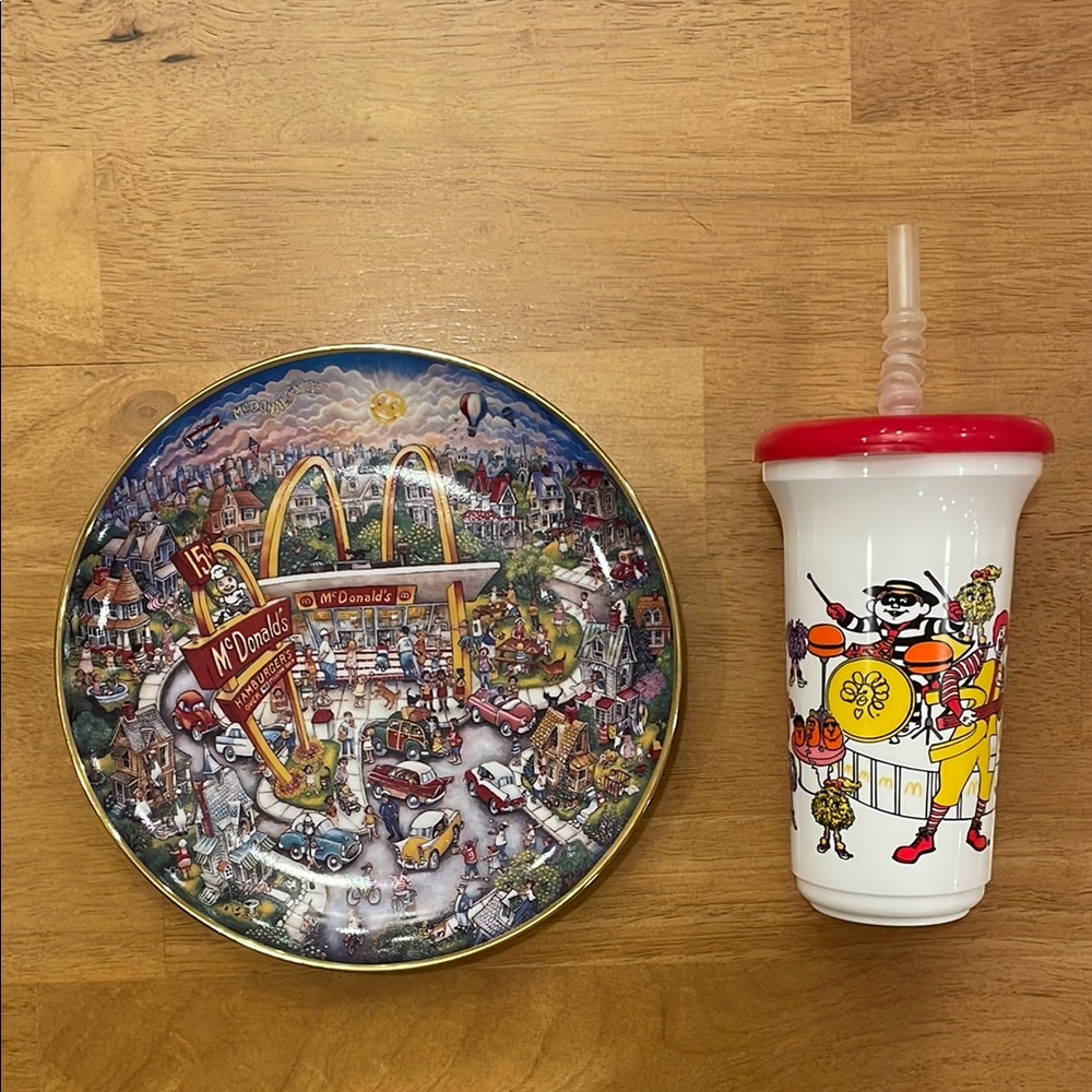 Vintage McDonald's Collector Plate and Whirley Short Sport Cup lid Straw Rare